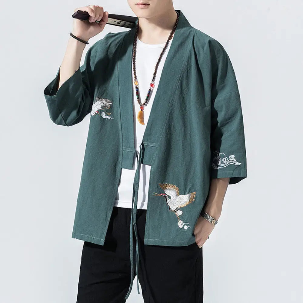 Buddha Stones Embroidery Open Front Jacket Cotton Linen Men’s Three Quarter Sleeve Kimono - CadetBlue / US/UK/AU36，EU46