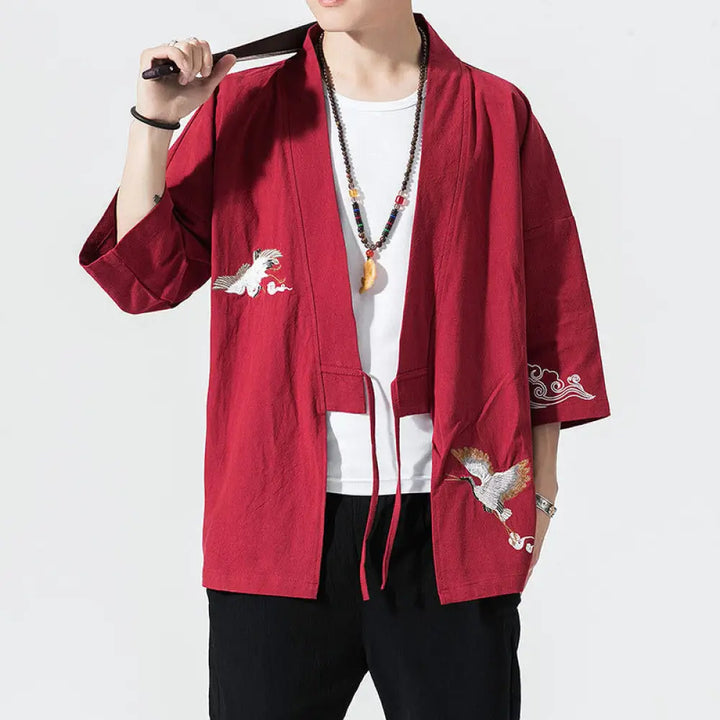 Buddha Stones Embroidery Open Front Jacket Cotton Linen Men’s Three Quarter Sleeve Kimono - Crimson / US/UK/AU36，EU46