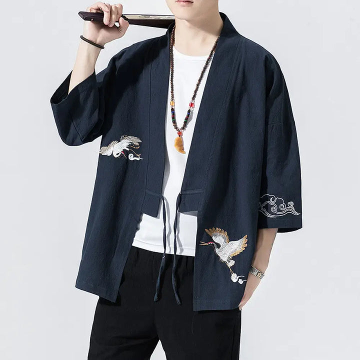 BWOOOH Embroidery Open Front Jacket Cotton Linen Men&