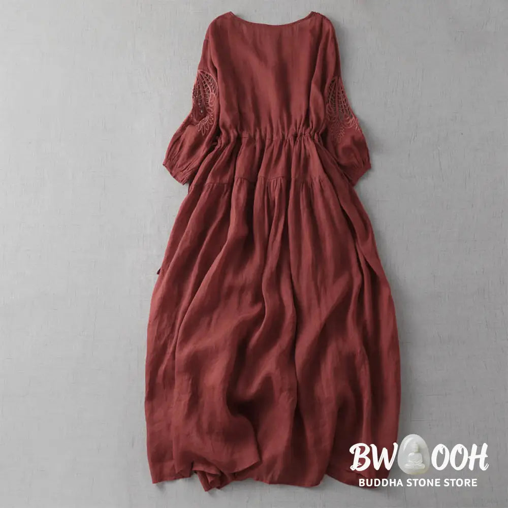 Buddha Stones Embroidery Patchwork Long Puff Sleeve Drawstring Midi Dress With Pockets - Midi Dress
