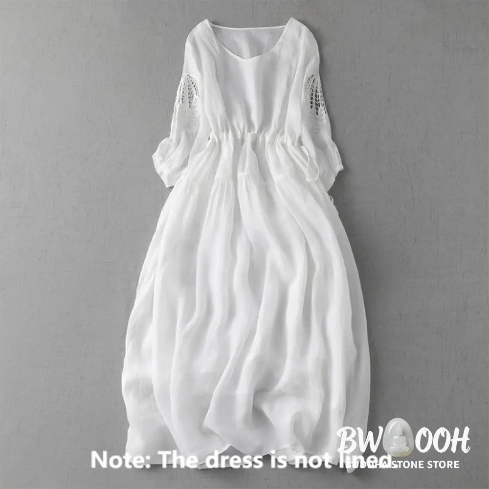 Buddha Stones Embroidery Patchwork Long Puff Sleeve Drawstring Midi Dress With Pockets - Midi Dress