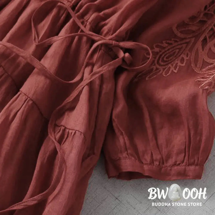 Buddha Stones Embroidery Patchwork Long Puff Sleeve Drawstring Midi Dress With Pockets - Midi Dress