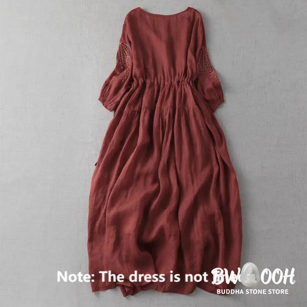 Buddha Stones Embroidery Patchwork Long Puff Sleeve Drawstring Midi Dress With Pockets - Midi Dress