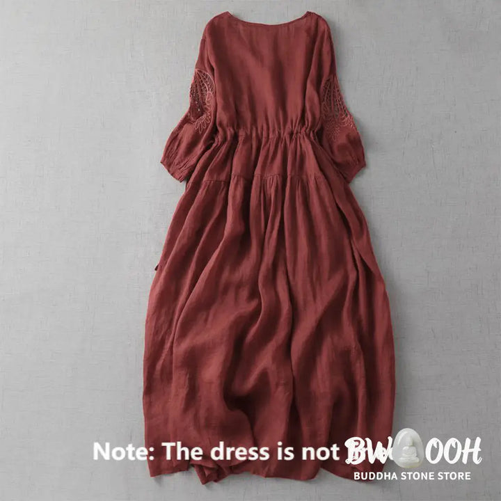 Buddha Stones Embroidery Patchwork Long Puff Sleeve Drawstring Midi Dress With Pockets - Midi Dress