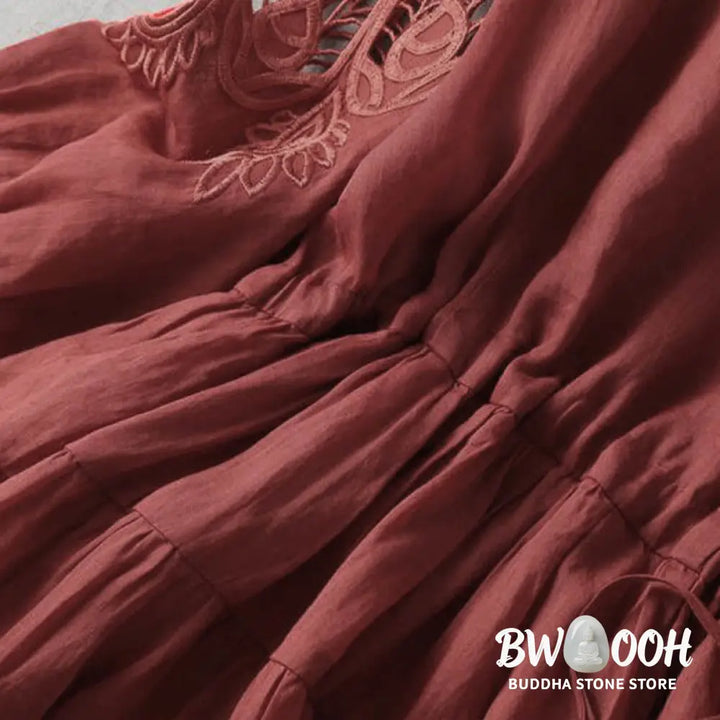 Buddha Stones Embroidery Patchwork Long Puff Sleeve Drawstring Midi Dress With Pockets - Midi Dress