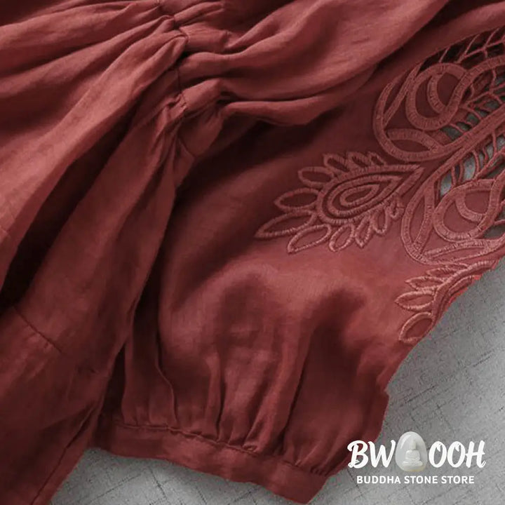 Buddha Stones Embroidery Patchwork Long Puff Sleeve Drawstring Midi Dress With Pockets - Midi Dress