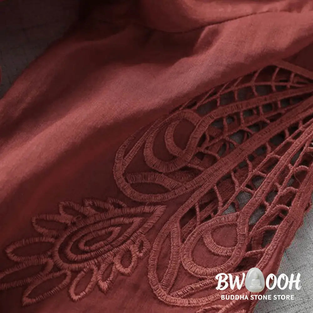 Buddha Stones Embroidery Patchwork Long Puff Sleeve Drawstring Midi Dress With Pockets - Midi Dress