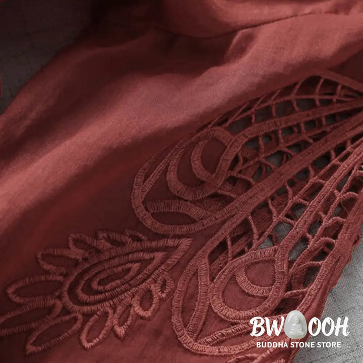 Buddha Stones Embroidery Patchwork Long Puff Sleeve Drawstring Midi Dress With Pockets - Midi Dress