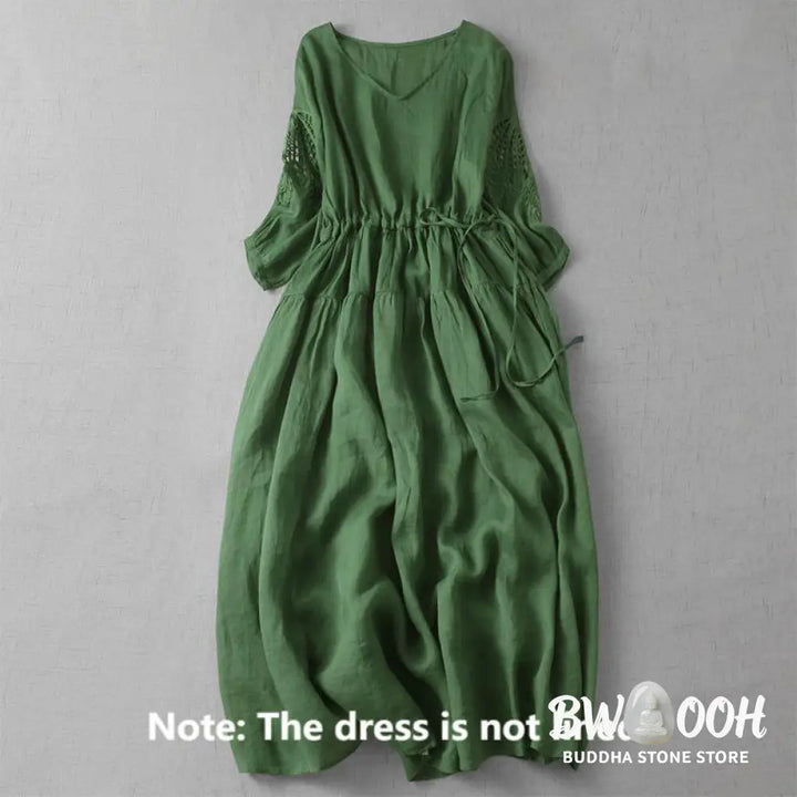 Buddha Stones Embroidery Patchwork Long Puff Sleeve Drawstring Midi Dress With Pockets - Midi Dress