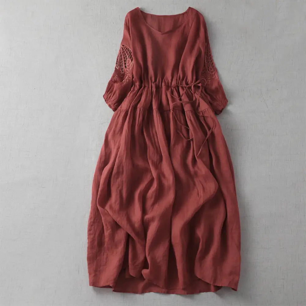 Buddha Stones Embroidery Patchwork Long Puff Sleeve Drawstring Midi Dress With Pockets - Crimson / US4，UK/AU8，EU36 (L)