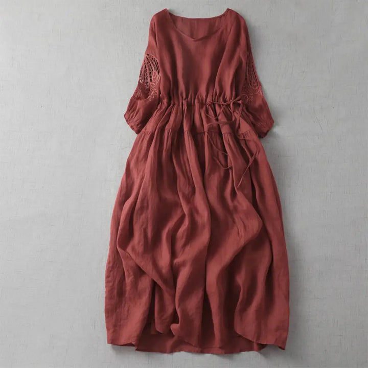Buddha Stones Embroidery Patchwork Long Puff Sleeve Drawstring Midi Dress With Pockets - Crimson / US4，UK/AU8，EU36 (L)