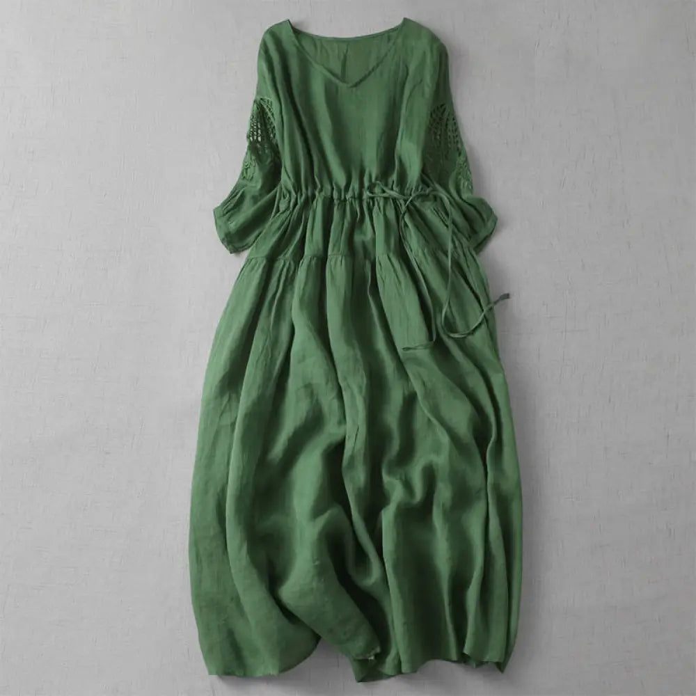 Buddha Stones Embroidery Patchwork Long Puff Sleeve Drawstring Midi Dress With Pockets - SeaGreen / US4，UK/AU8，EU36 (L)