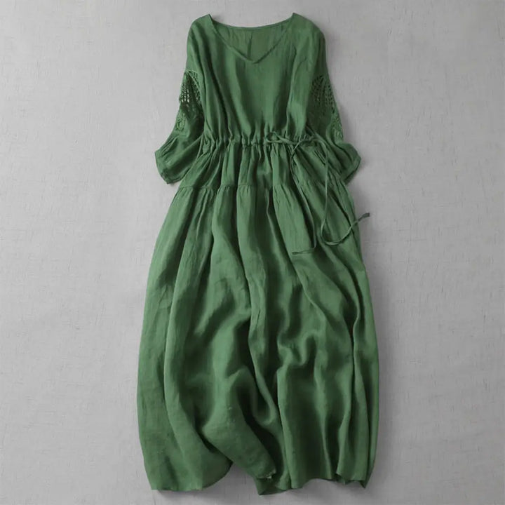 Buddha Stones Embroidery Patchwork Long Puff Sleeve Drawstring Midi Dress With Pockets - SeaGreen / US4，UK/AU8，EU36 (L)