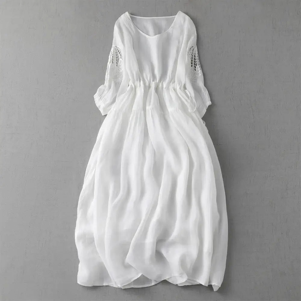 Buddha Stones Embroidery Patchwork Long Puff Sleeve Drawstring Midi Dress With Pockets - White / US4，UK/AU8，EU36 (L)