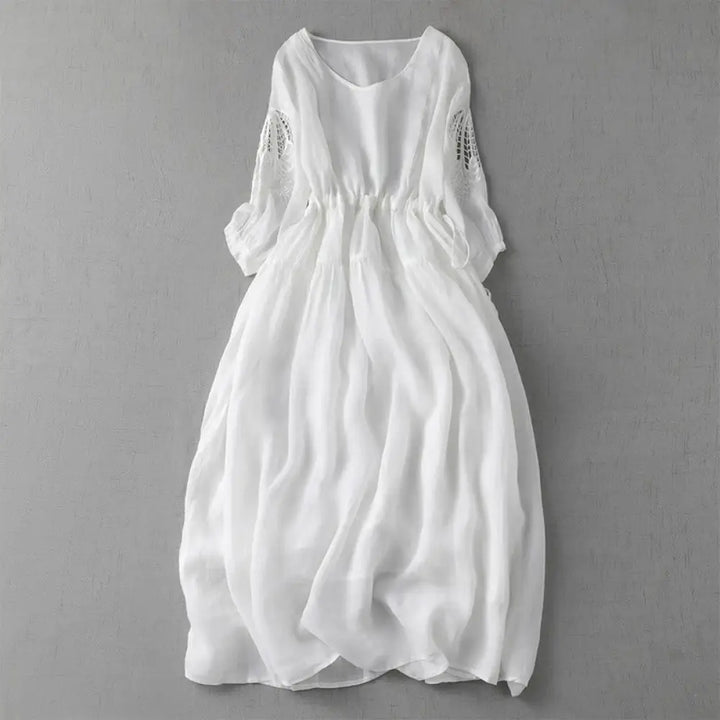 Buddha Stones Embroidery Patchwork Long Puff Sleeve Drawstring Midi Dress With Pockets - White / US4，UK/AU8，EU36 (L)