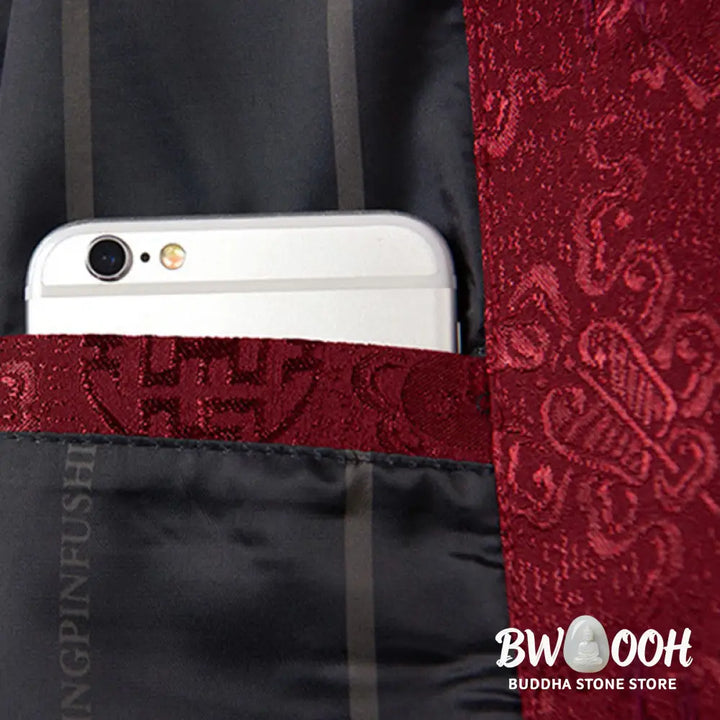 Buddha Stones Embroidery Pattern Stand Collar Long Sleeve Men’s Tang Suit Jacket With Pockets - Men’s Jacket
