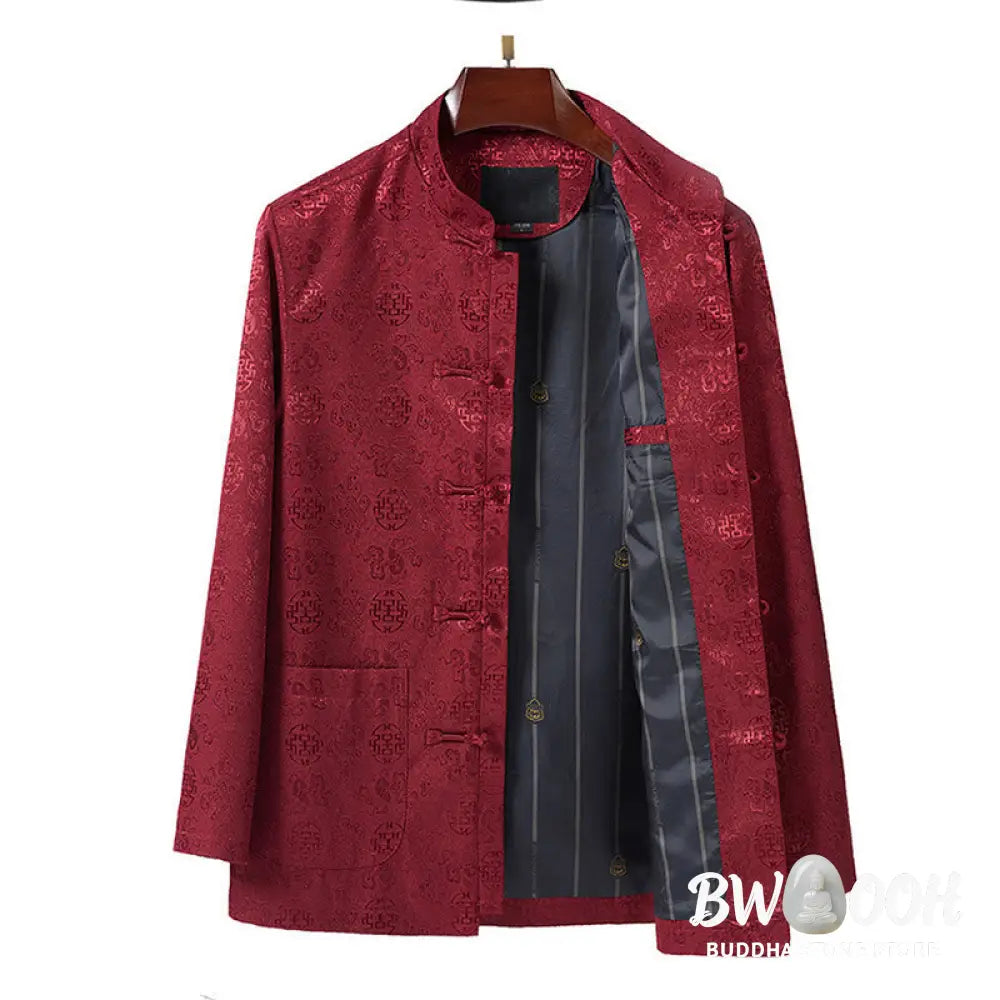 Buddha Stones Embroidery Pattern Stand Collar Long Sleeve Men’s Tang Suit Jacket With Pockets - Men’s Jacket