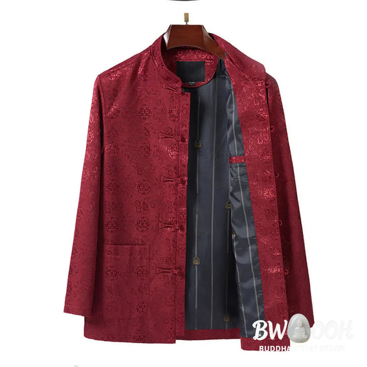 Buddha Stones Embroidery Pattern Stand Collar Long Sleeve Men’s Tang Suit Jacket With Pockets - Men’s Jacket