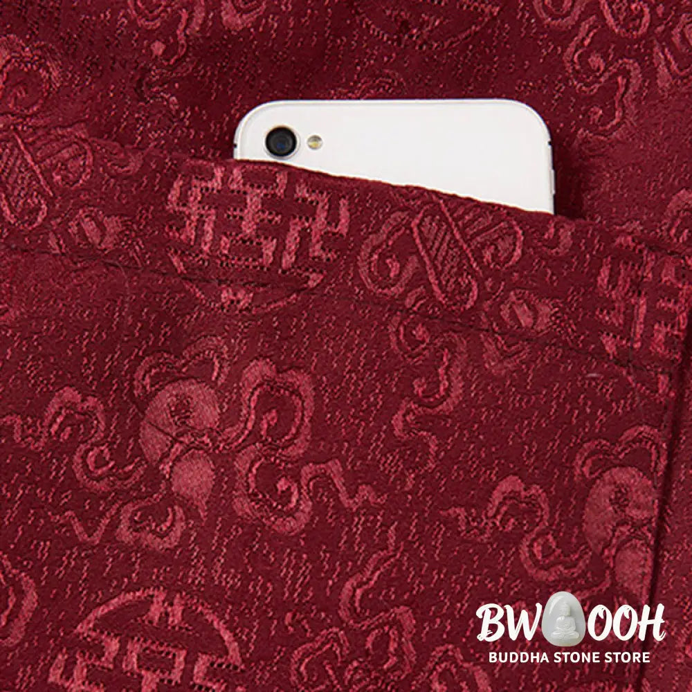 Buddha Stones Embroidery Pattern Stand Collar Long Sleeve Men’s Tang Suit Jacket With Pockets - Men’s Jacket
