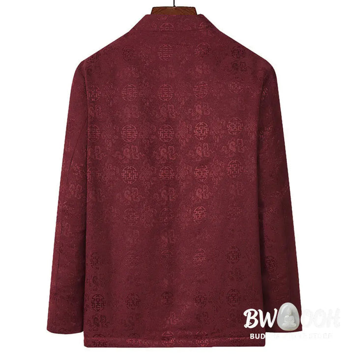Buddha Stones Embroidery Pattern Stand Collar Long Sleeve Men’s Tang Suit Jacket With Pockets - Men’s Jacket