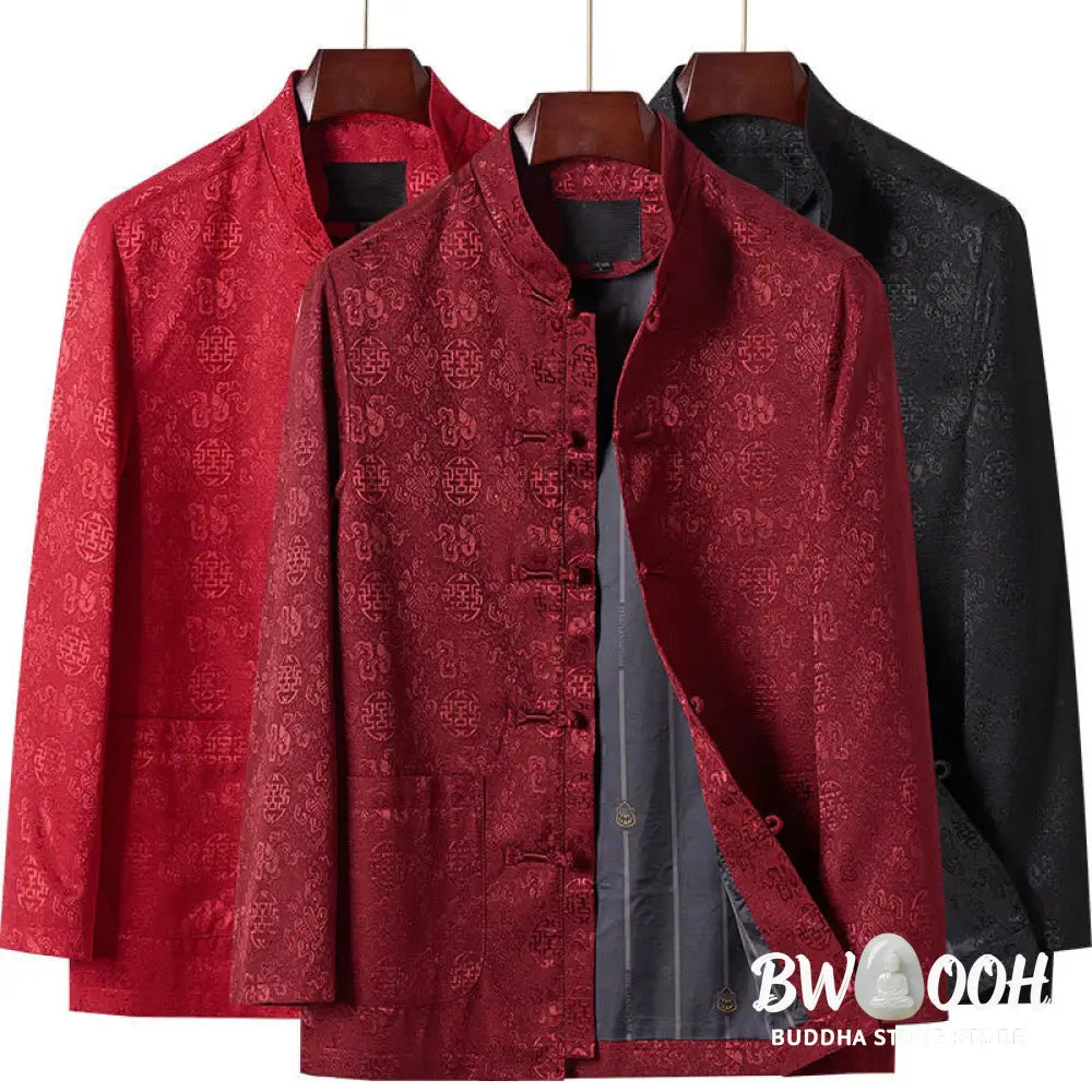 Buddha Stones Embroidery Pattern Stand Collar Long Sleeve Men’s Tang Suit Jacket With Pockets - Men’s Jacket