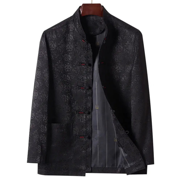 Buddha Stones Embroidery Pattern Stand Collar Long Sleeve Men’s Tang Suit Jacket With Pockets - Black / US/UK/AU36，EU46