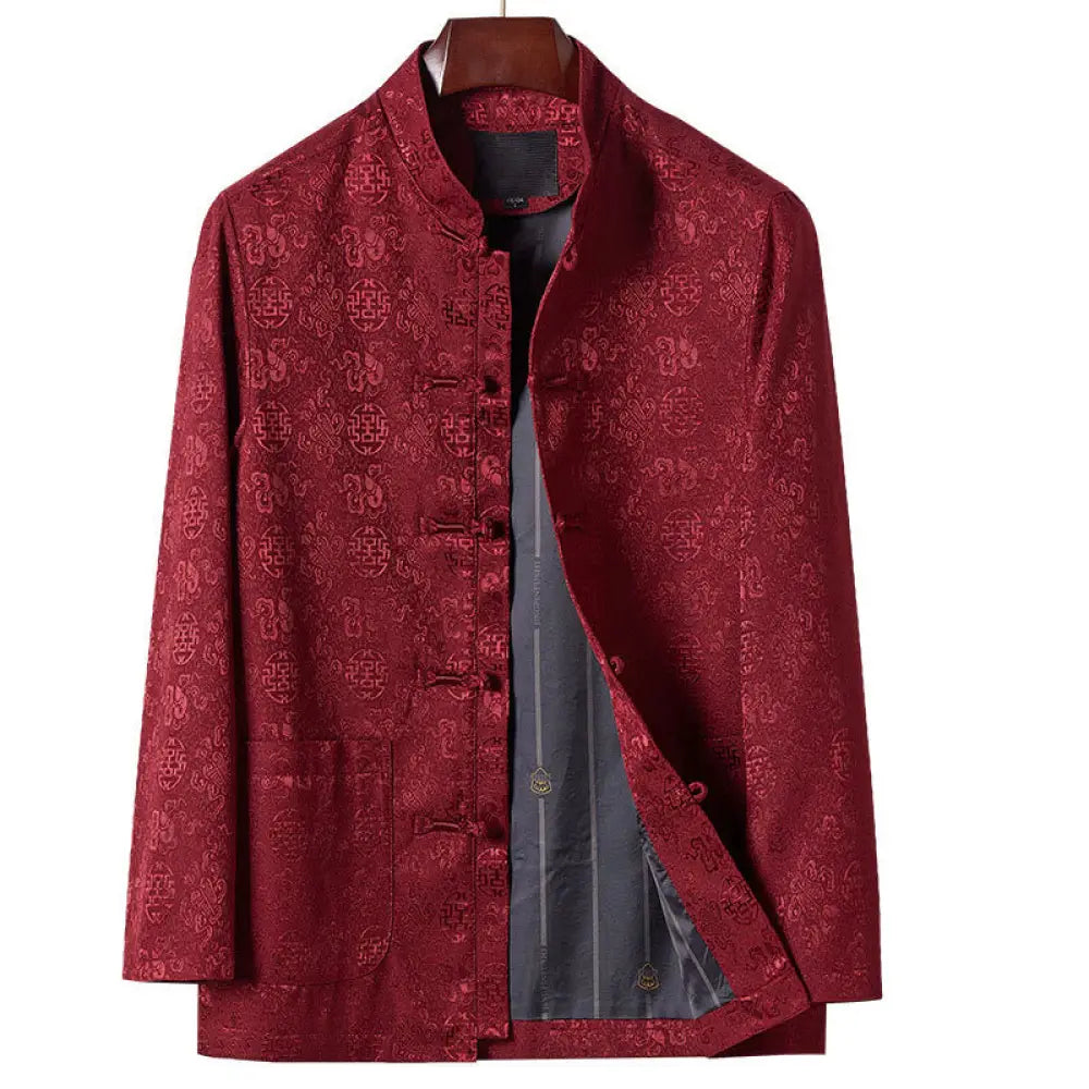 Buddha Stones Embroidery Pattern Stand Collar Long Sleeve Men’s Tang Suit Jacket With Pockets - DarkRed