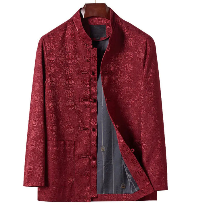 Buddha Stones Embroidery Pattern Stand Collar Long Sleeve Men’s Tang Suit Jacket With Pockets - DarkRed