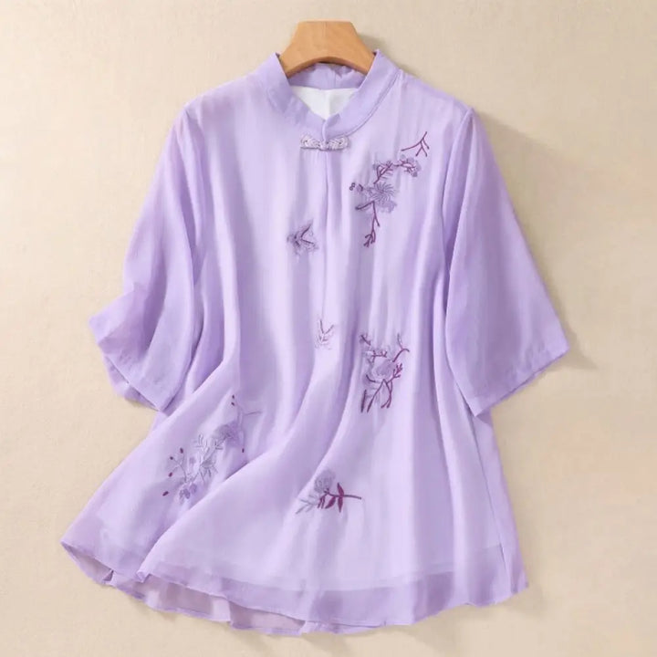 Buddha Stones Embroidery Plants Flower Half Sleeve Plain Frog-Button Stand Collar Women’s Shirt - Orchid