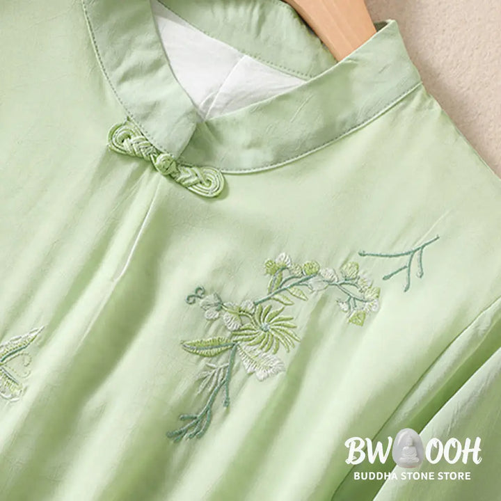 Buddha Stones Embroidery Plants Flower Half Sleeve Plain Frog-Button Stand Collar Women’s Shirt - Women’s Shirts