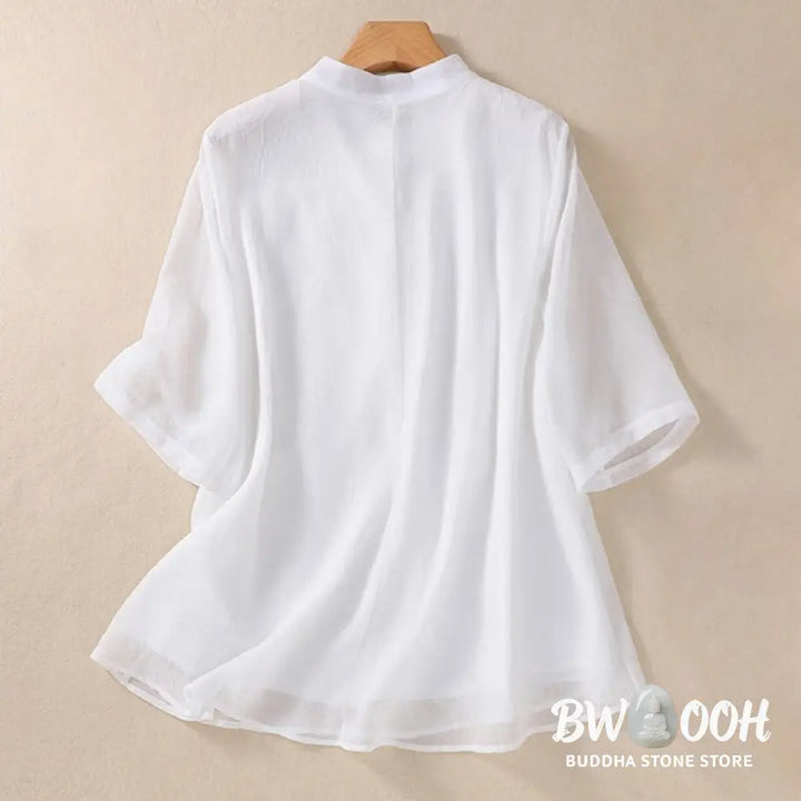 Buddha Stones Embroidery Plants Flower Half Sleeve Plain Frog-Button Stand Collar Women’s Shirt - Women’s Shirts