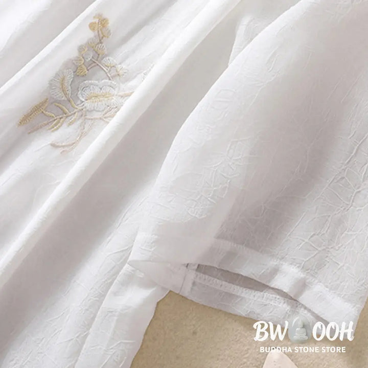 Buddha Stones Embroidery Plants Flower Half Sleeve Plain Frog-Button Stand Collar Women’s Shirt - Women’s Shirts