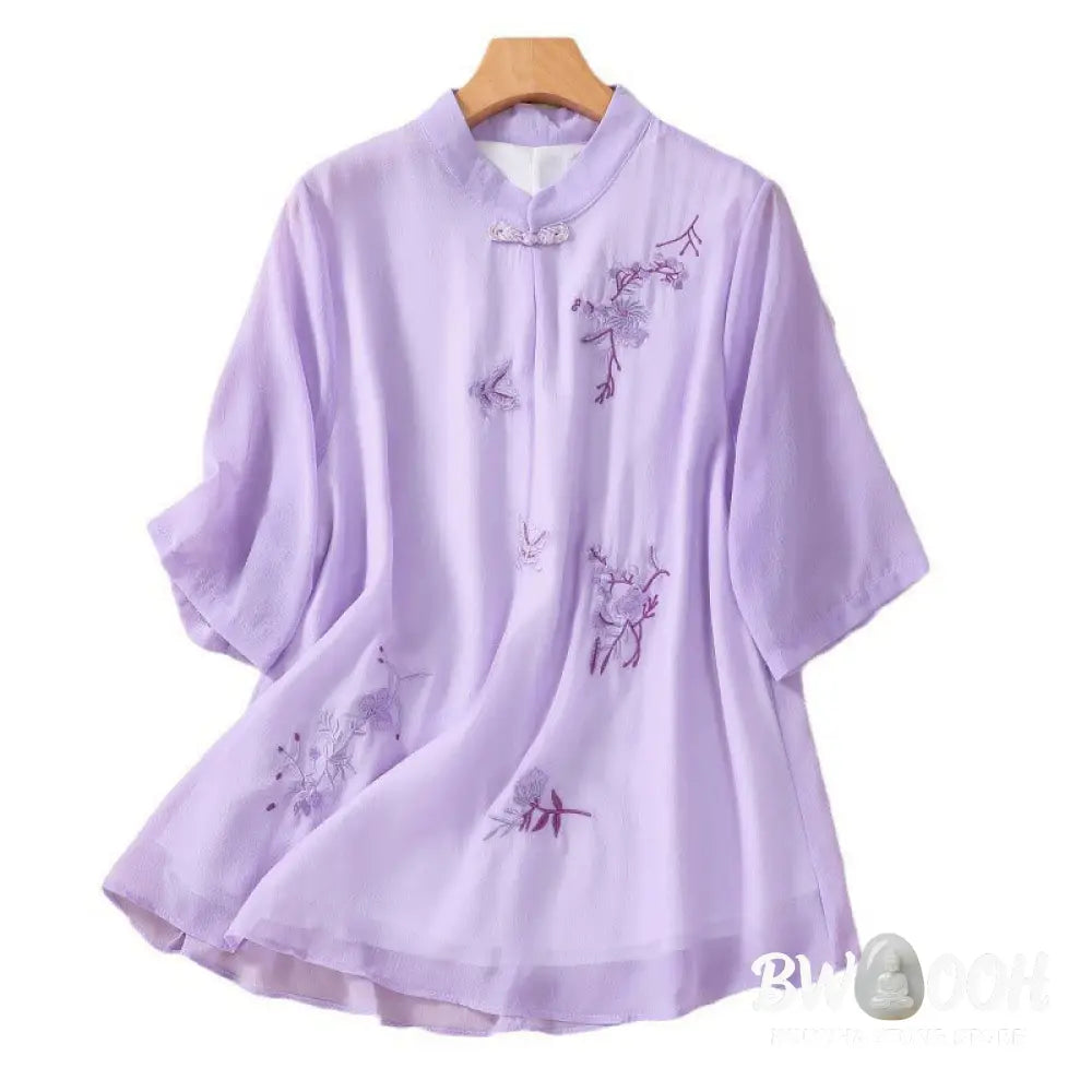 Buddha Stones Embroidery Plants Flower Half Sleeve Plain Frog-Button Stand Collar Women’s Shirt - Women’s Shirts