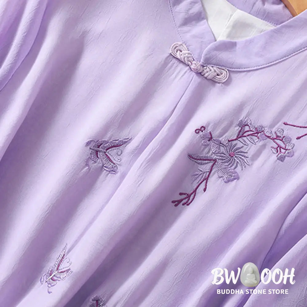 Buddha Stones Embroidery Plants Flower Half Sleeve Plain Frog-Button Stand Collar Women’s Shirt - Women’s Shirts