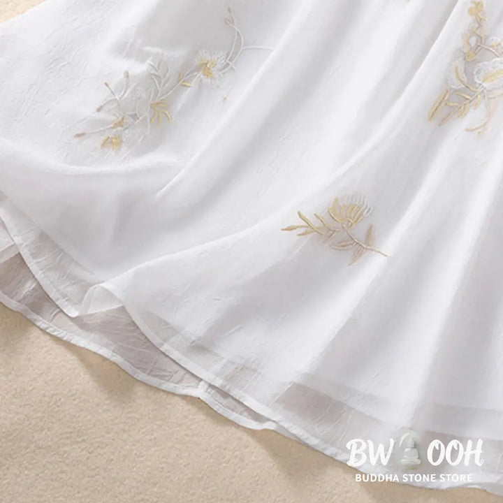 Buddha Stones Embroidery Plants Flower Half Sleeve Plain Frog-Button Stand Collar Women’s Shirt - Women’s Shirts