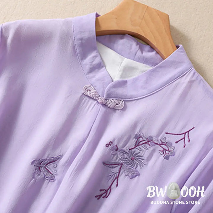 Buddha Stones Embroidery Plants Flower Half Sleeve Plain Frog-Button Stand Collar Women’s Shirt - Women’s Shirts