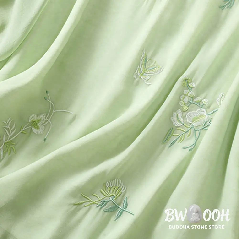 Buddha Stones Embroidery Plants Flower Half Sleeve Plain Frog-Button Stand Collar Women’s Shirt - Women’s Shirts