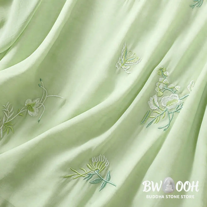 Buddha Stones Embroidery Plants Flower Half Sleeve Plain Frog-Button Stand Collar Women’s Shirt - Women’s Shirts