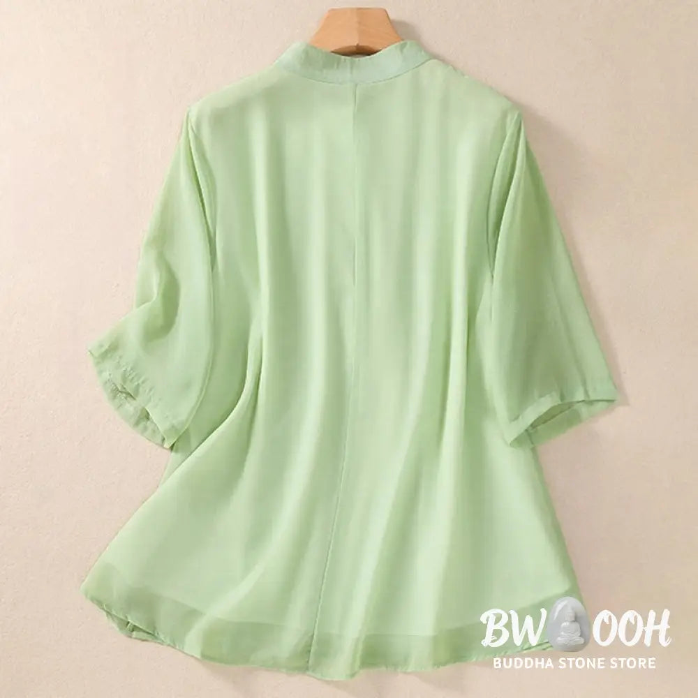 Buddha Stones Embroidery Plants Flower Half Sleeve Plain Frog-Button Stand Collar Women’s Shirt - Women’s Shirts