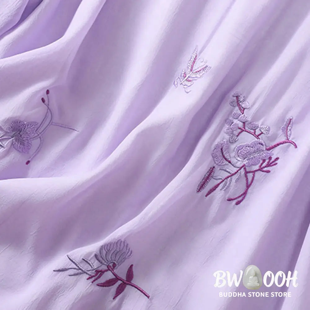 Buddha Stones Embroidery Plants Flower Half Sleeve Plain Frog-Button Stand Collar Women’s Shirt - Women’s Shirts