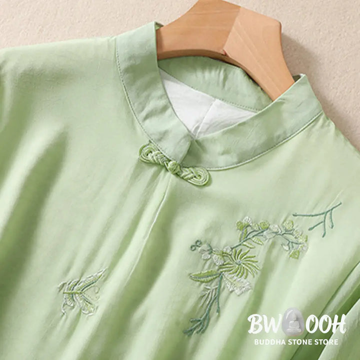 Buddha Stones Embroidery Plants Flower Half Sleeve Plain Frog-Button Stand Collar Women’s Shirt - Women’s Shirts