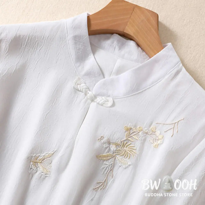 Buddha Stones Embroidery Plants Flower Half Sleeve Plain Frog-Button Stand Collar Women’s Shirt - Women’s Shirts