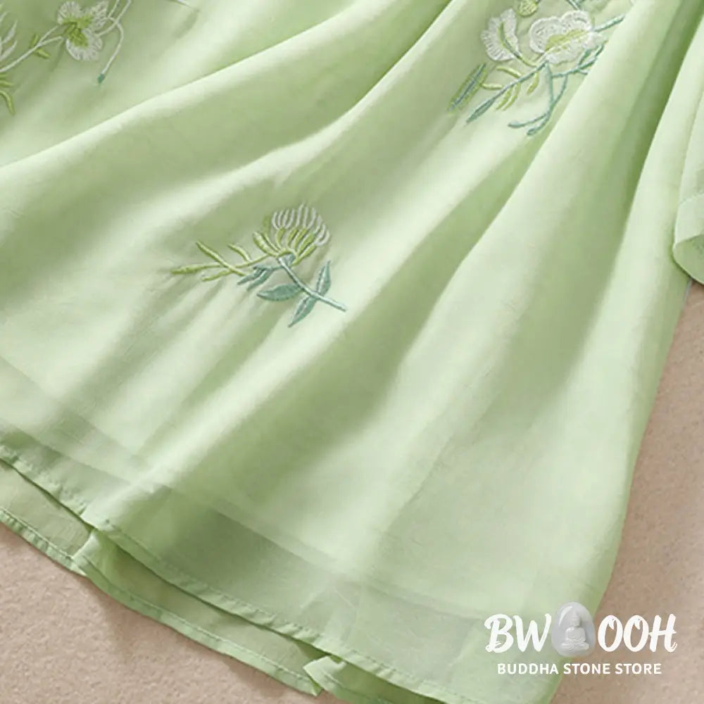 Buddha Stones Embroidery Plants Flower Half Sleeve Plain Frog-Button Stand Collar Women’s Shirt - Women’s Shirts