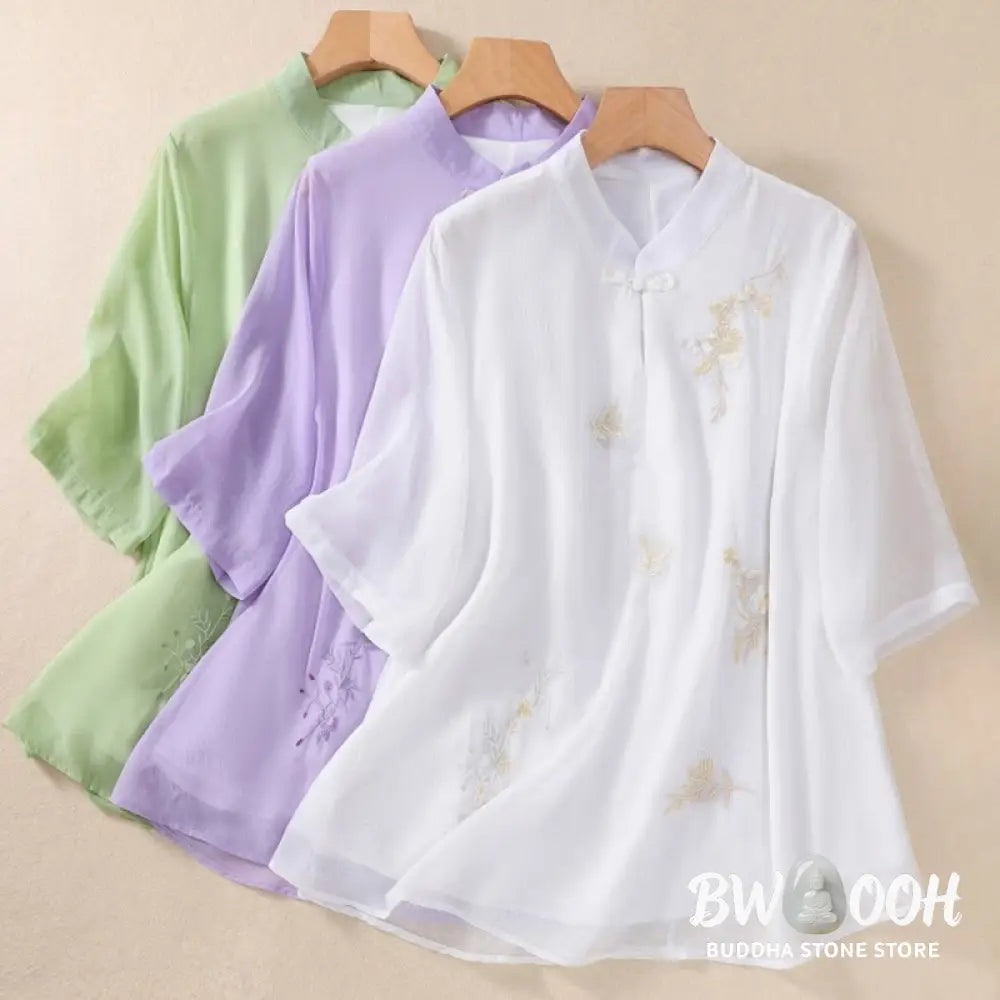 Buddha Stones Embroidery Plants Flower Half Sleeve Plain Frog-Button Stand Collar Women’s Shirt - Women’s Shirts