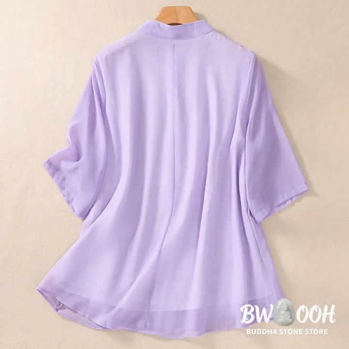 Buddha Stones Embroidery Plants Flower Half Sleeve Plain Frog-Button Stand Collar Women’s Shirt - Women’s Shirts