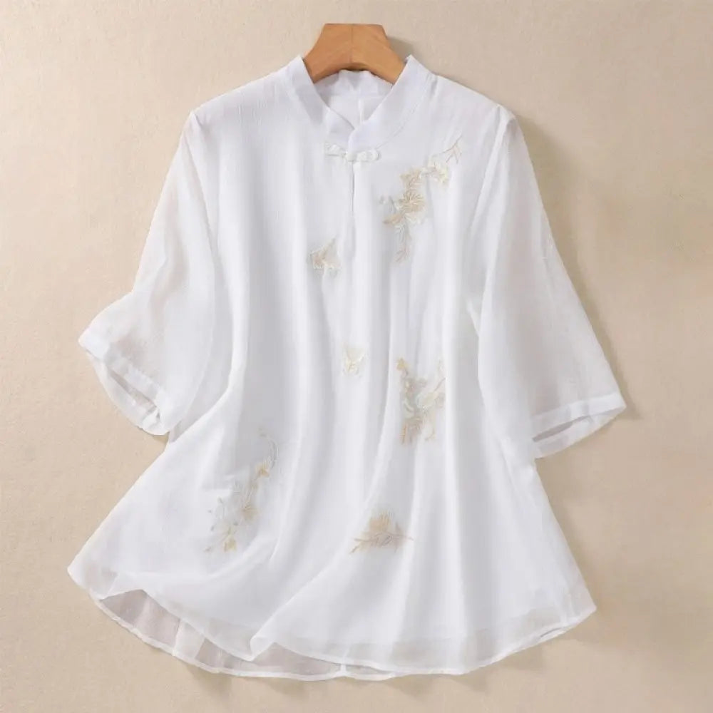 Buddha Stones Embroidery Plants Flower Half Sleeve Plain Frog-Button Stand Collar Women’s Shirt - Snow
