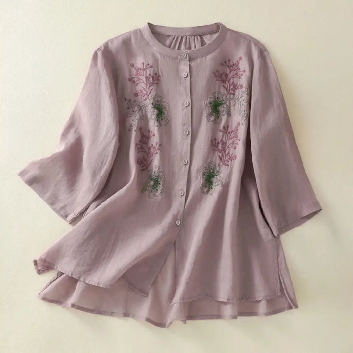 Buddha Stones Embroidery Pleated Design Stand Collar Three Quarter Sleeve Side Slit Hem Women’s Cotton Shirt