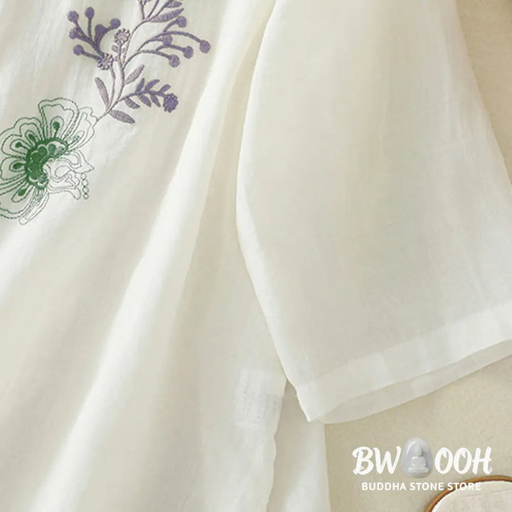 Buddha Stones Embroidery Pleated Design Stand Collar Three Quarter Sleeve Side Slit Hem Women’s Cotton Shirt - Women’s