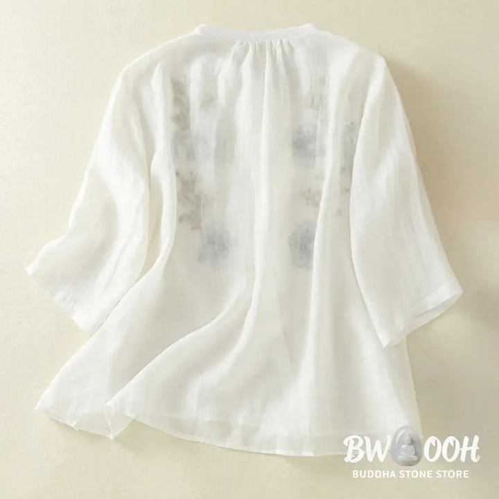 Buddha Stones Embroidery Pleated Design Stand Collar Three Quarter Sleeve Side Slit Hem Women’s Cotton Shirt - Women’s