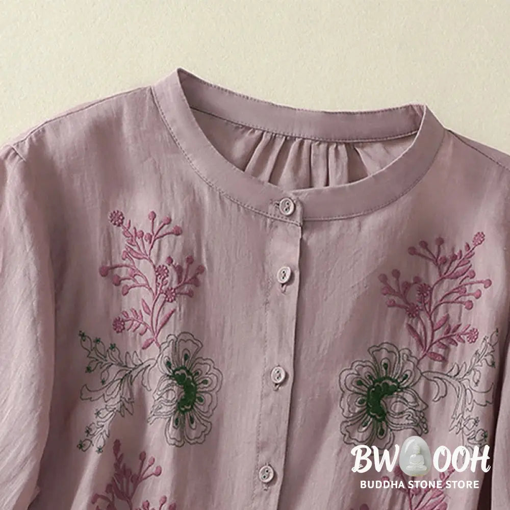 Buddha Stones Embroidery Pleated Design Stand Collar Three Quarter Sleeve Side Slit Hem Women’s Cotton Shirt - Women’s